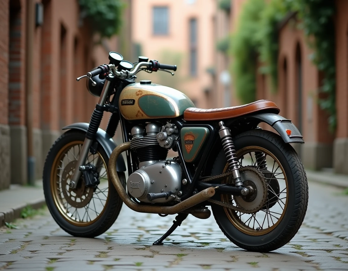Moto vintage d'occasion de style café racer garée dans une ruelle pavée européenne avec patine authentique
