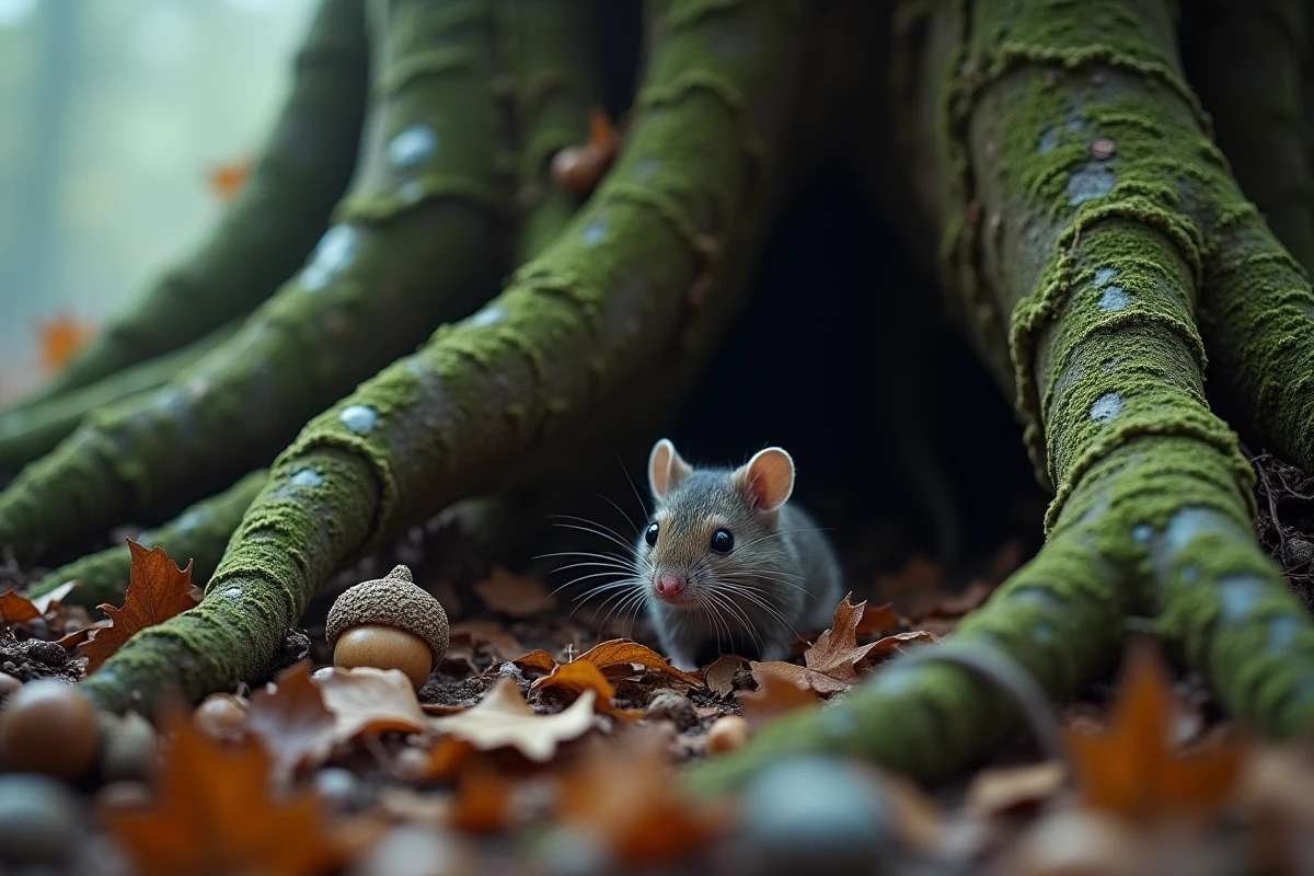 Musaraigne émergeant des racines d'un vieux chêne dans une forêt brumeuse, symbolisme naturel et croyances ancestrales