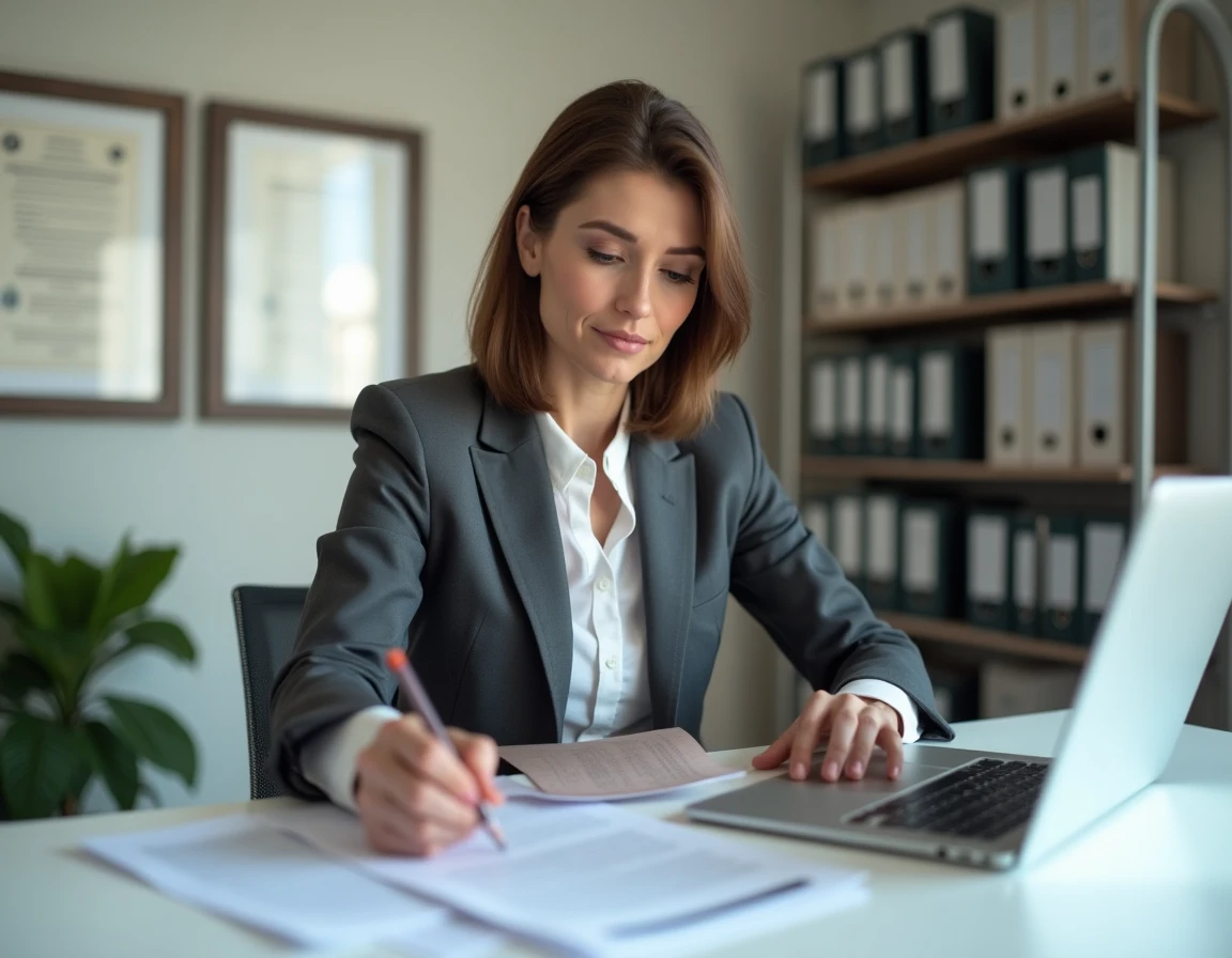 Notaire examinant un certificat cadastral et des documents officiels pour rectifier la surface habitable d'un bien immobilier