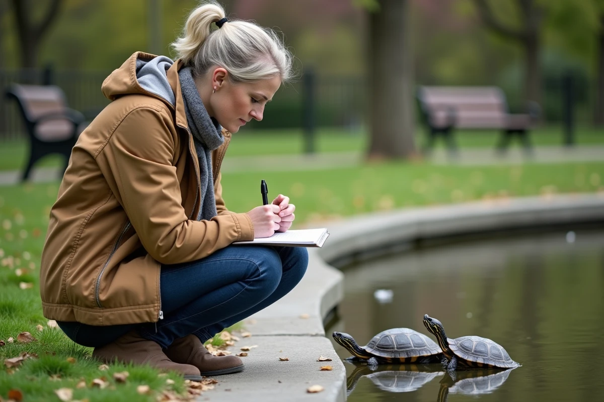 Femme observant des tortues au bord d’un étang de jardin
