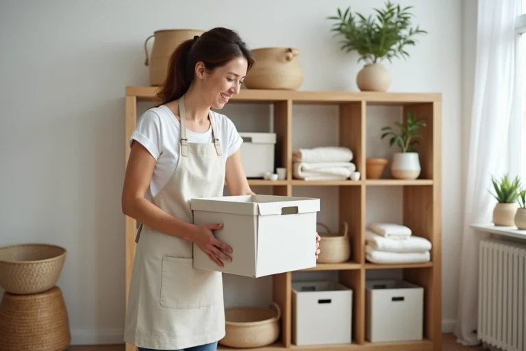 Femme organisant des étagères en bois avec des boîtes de rangement modulaires dans un salon scandinave épuré