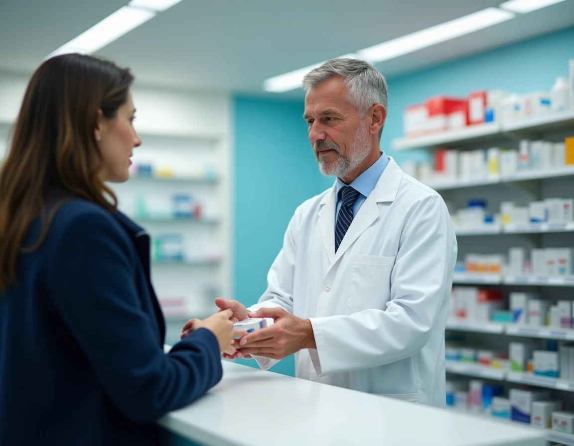 Pharmacien remettant une boîte de médicament anxiolytique à une patiente dans une pharmacie, contexte de prescription de Stresam