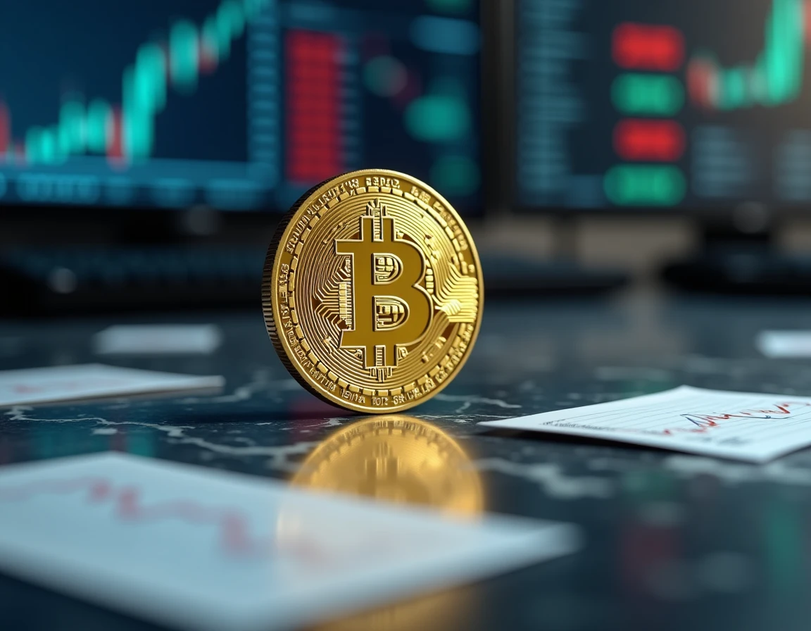 Pièce Bitcoin dorée posée sur du marbre noir entourée de documents financiers représentant les estimations de valeur future