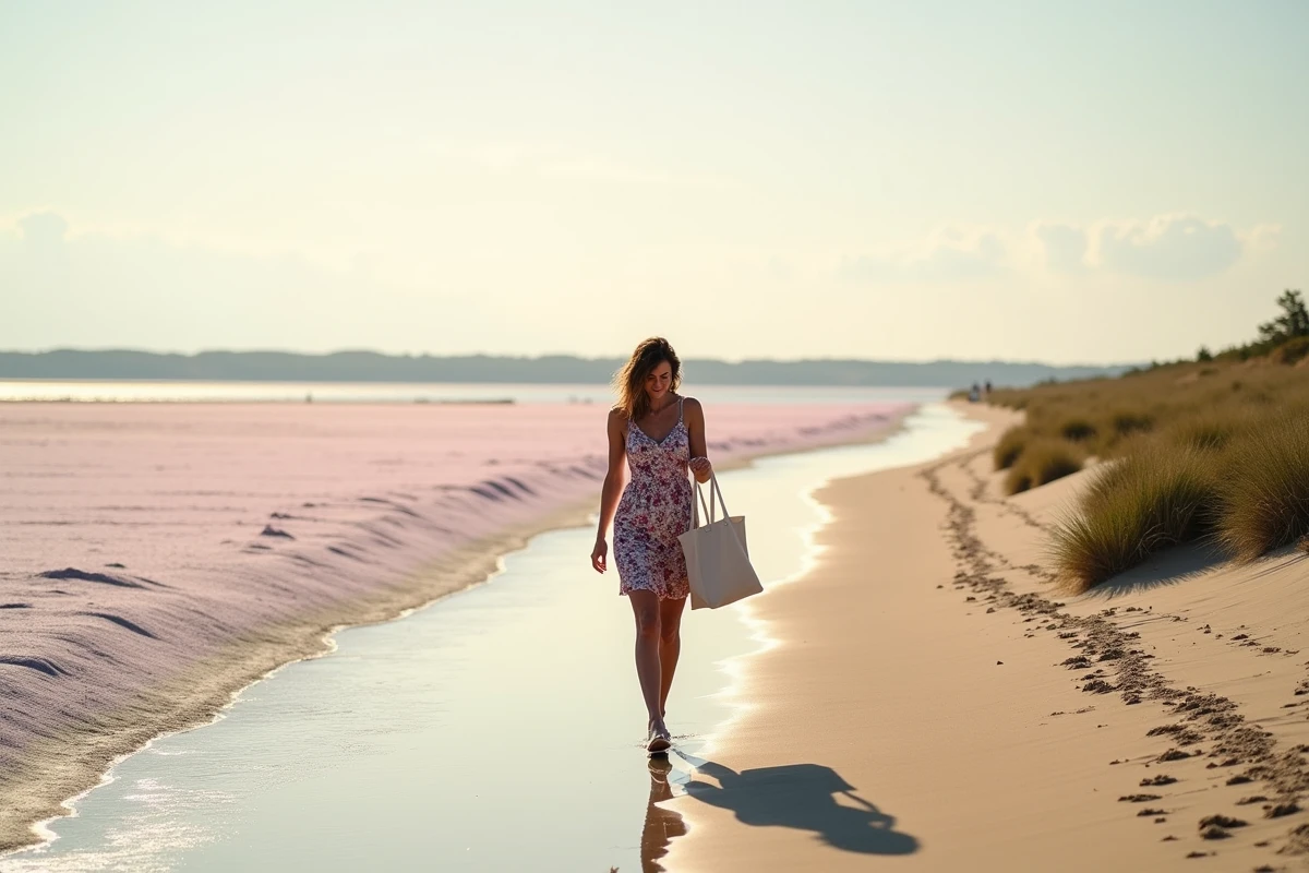 Femme se promenant seule sur la plage naturelle des Aresquiers à Frontignan avec les étangs roses en arrière-plan