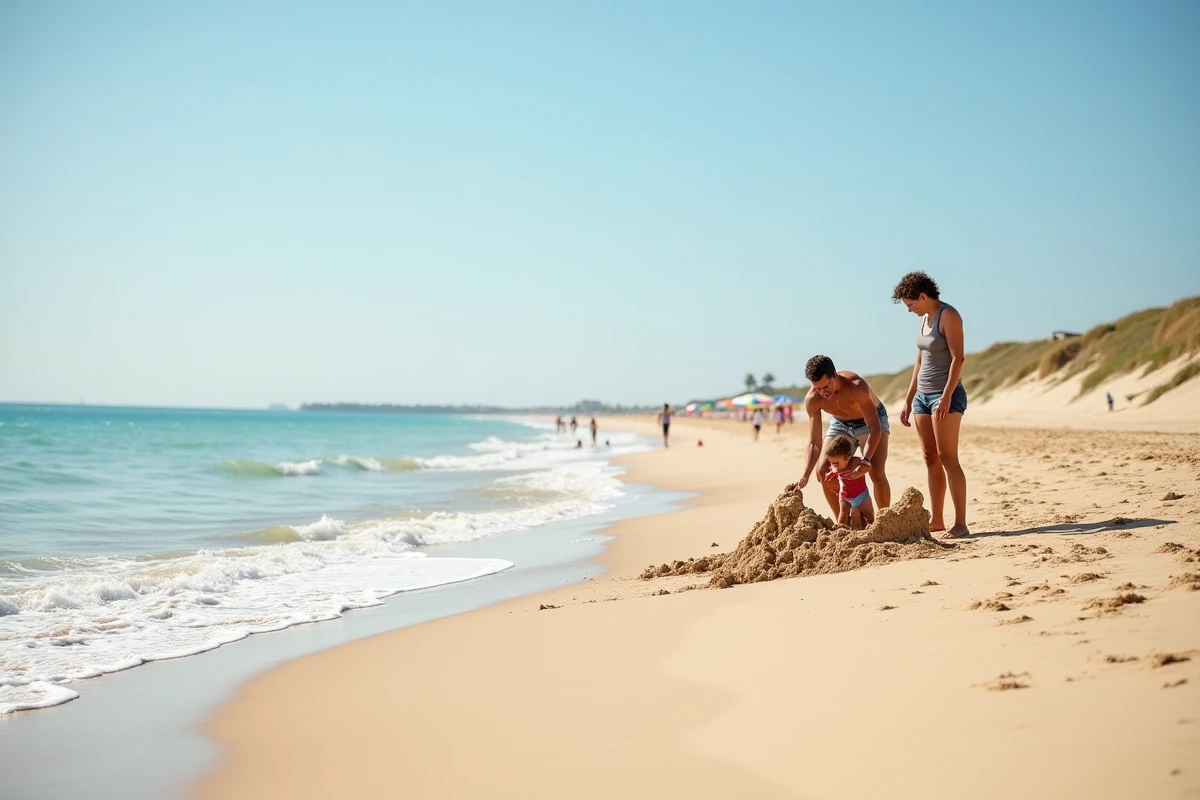 Famille profitant de la plage du Petit Travers à Carnon avec la mer Méditerranée et les dunes en arrière-plan