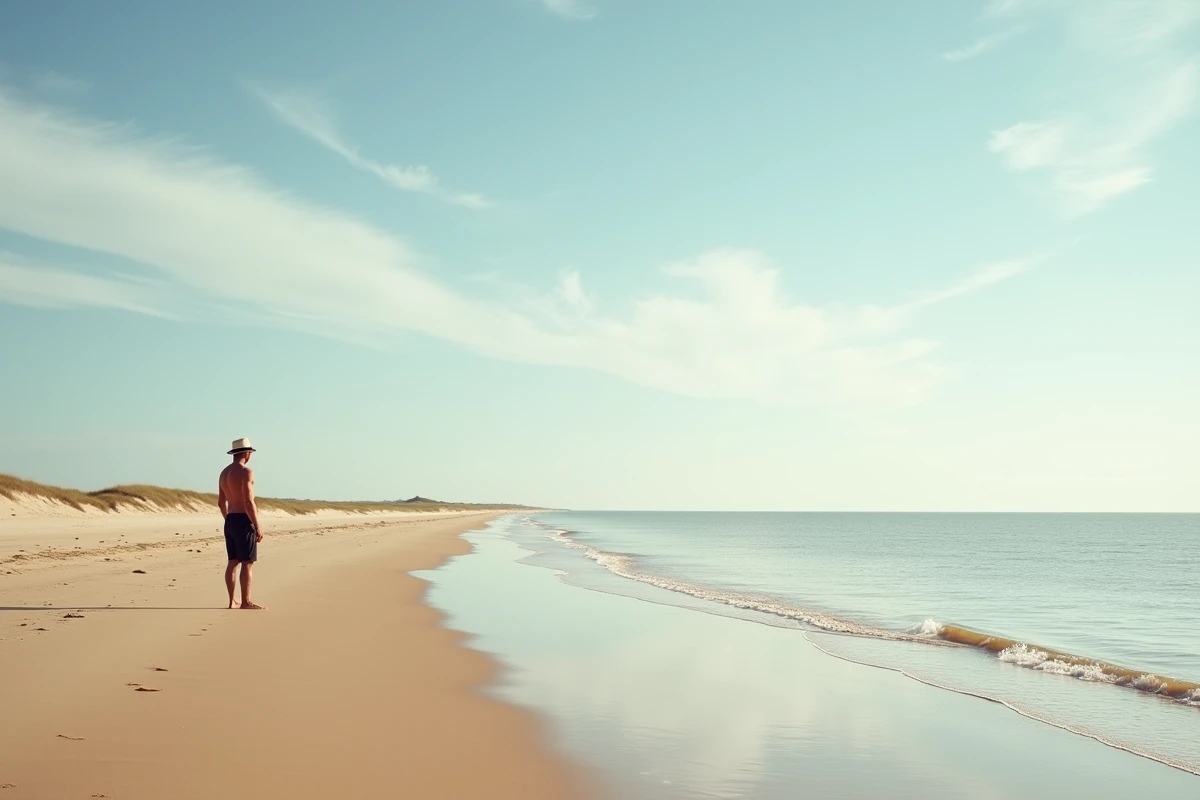 Homme contemplant l'horizon sur la plage isolée de Piémanson à Salin-de-Giraud en Camargue