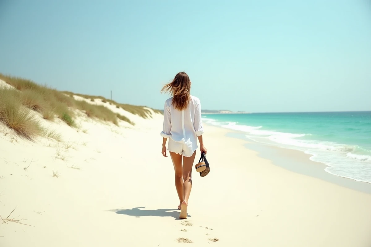 Femme se promenant sur la plage sauvage de l'Espiguette au Grau-du-Roi avec dunes et mer turquoise