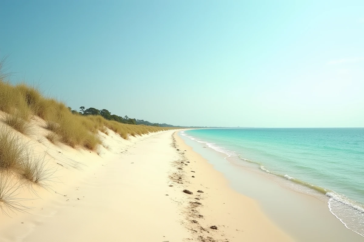 Vue panoramique d'une plage sauvage méditerranéenne près de Nîmes avec dunes, mer turquoise et ciel bleu