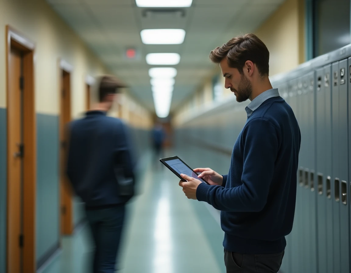 Professeur contractuel consulte la messagerie institutionnelle PIA de l'académie d'Amiens sur une tablette dans un couloir d'établissement scolaire