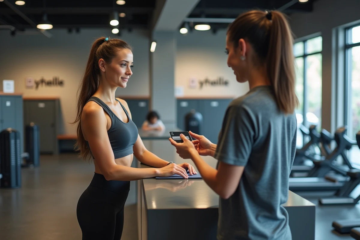 Femme récupérant son sac perdu à l'accueil d'une salle Basic Fit en présentant sa carte de membre