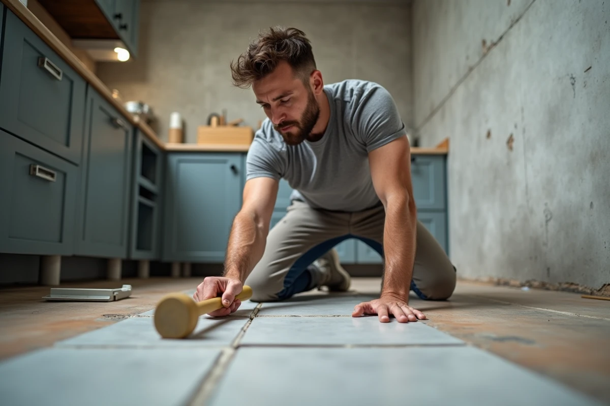 Homme en train de poser des carreaux adhésifs dans une cuisine en cours de rénovation urbaine