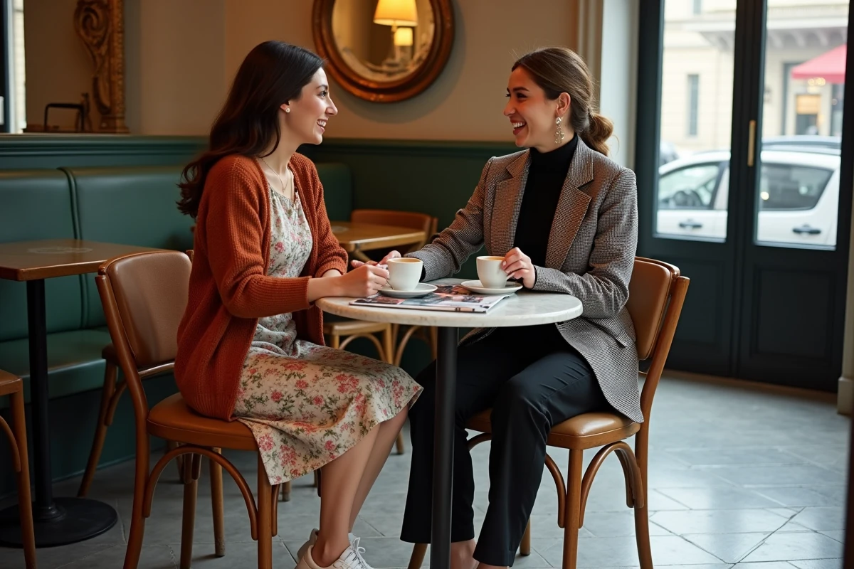 Deux jeunes femmes en tenues tendance de saison discutant autour d'un café dans un bistrot parisien élégant