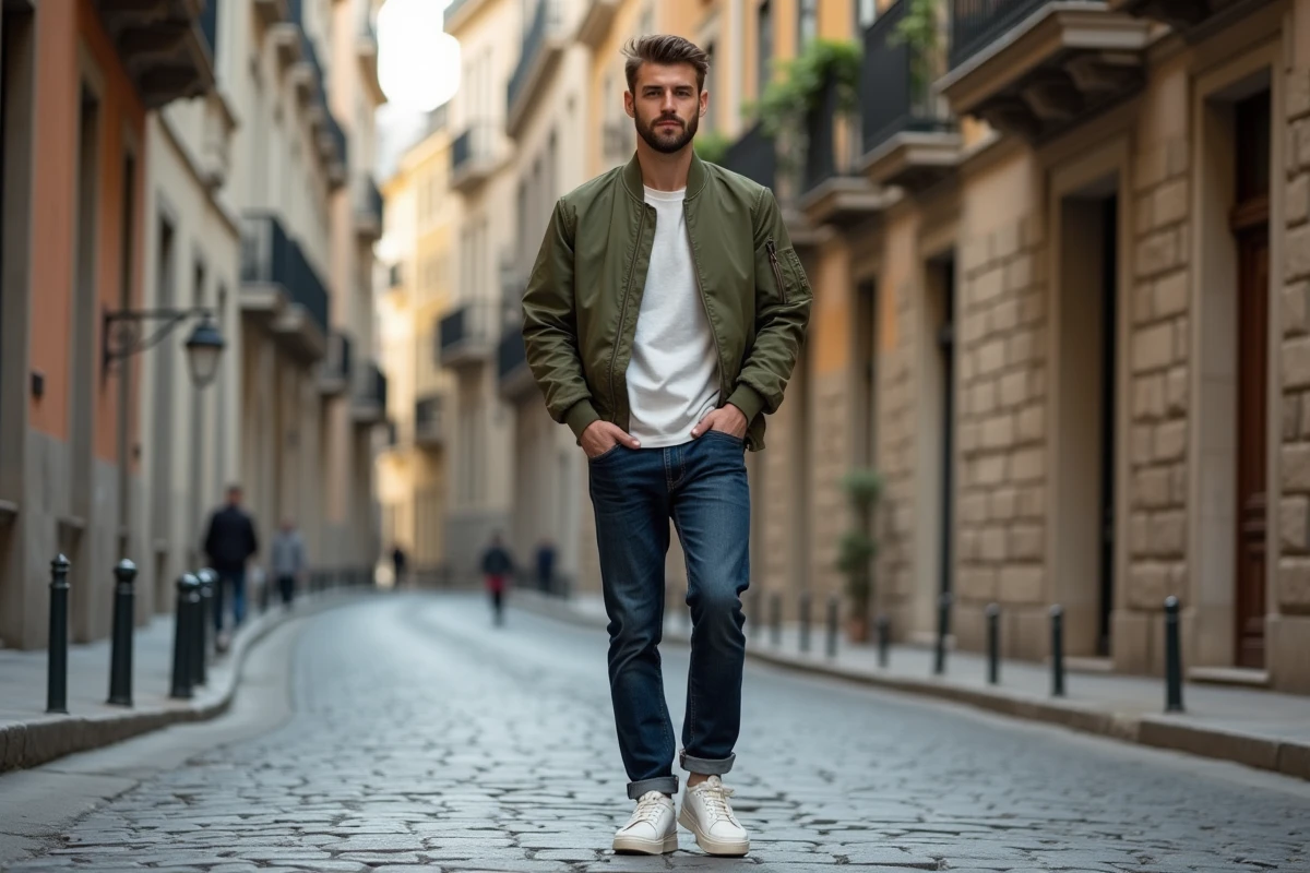 Homme en bomber kaki et jean indigo marchant dans une rue pavée européenne pour illustrer les tendances mode masculines de la saison