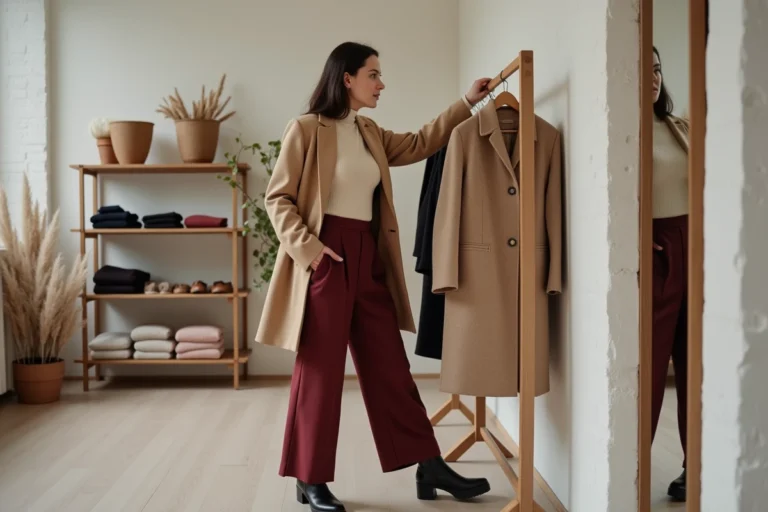 Femme élégante en manteau camel et pantalon large bordeaux explorant les tendances mode dans une boutique parisienne minimaliste