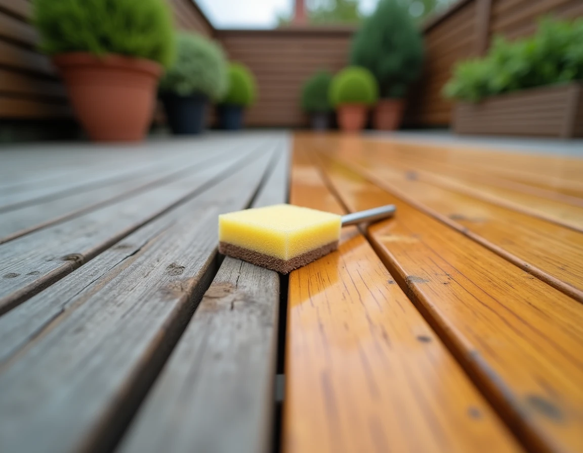 Gros plan sur une lame de terrasse en bois mi-traitée au saturateur montrant la différence de protection entre bois brut et bois traité