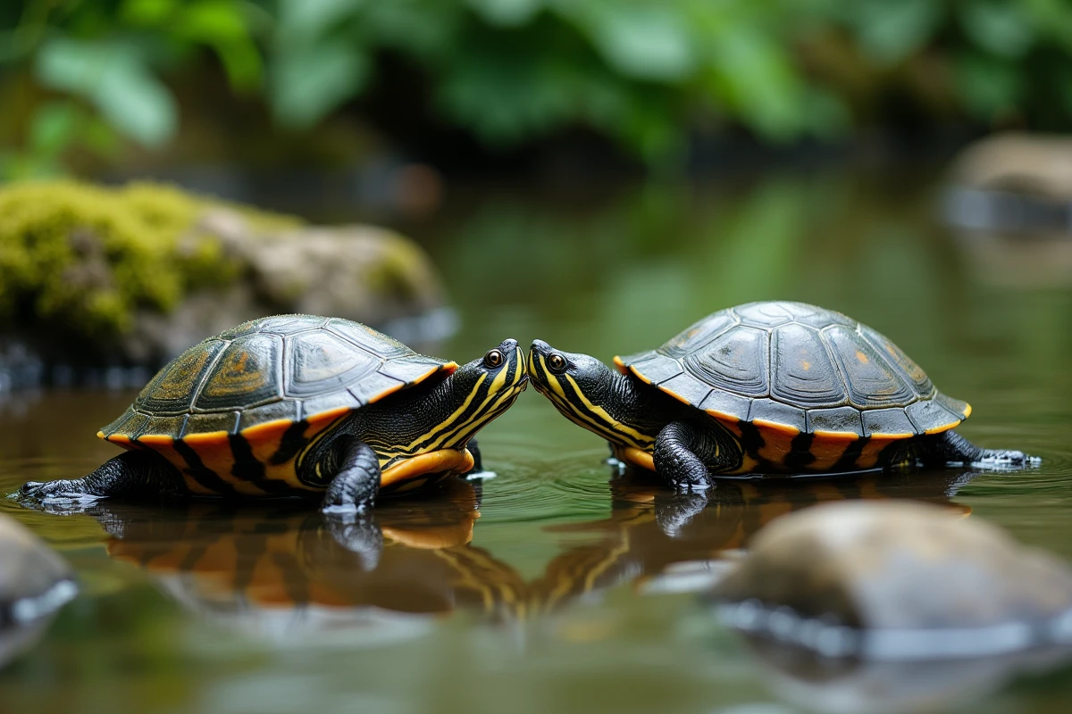 Deux tortues d'eau douce dans un étang naturel